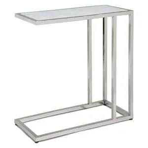 Sofa hugger table with white marble rectangular top and polished nickel geometric iron frame