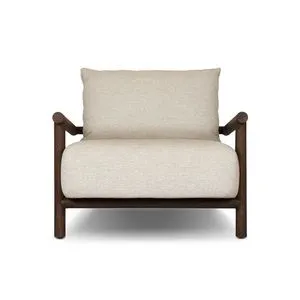 Cardiff Outdoor Chair with angular dark teak frame and beige cushioned seat and back in a transitional style