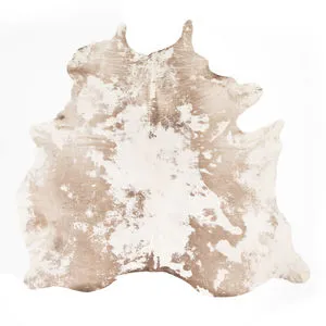 Modern warm brown cowhide rug with irregular shape and mottled cream and light brown pattern