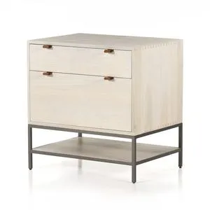 Trey Modular Filing Cabinet in light-washed solid poplar with two drawers, metal frame base, and leather pull tabs