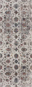 Top-down view of long runner version of Samra Ivory / Multi Rug showing detailed floral medallion rows