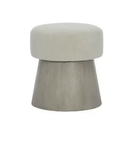 Linea round bench with a round light gray upholstered seat atop a conical Cerused Greige wood base with wire-brushed oak t...
