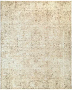 Light beige and olive vintage style rug with subtle distressed patterns and soft machine-woven polyester pile