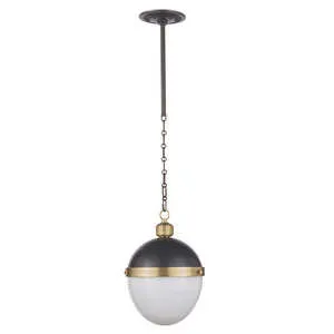 Otis Pendant with black metal dome, brass band, and white milk glass globe on extendable chain and pipe