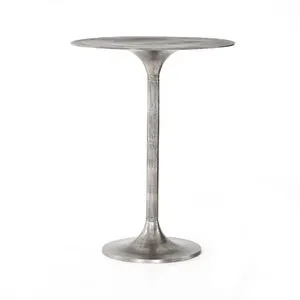 Simone Antique Rust Bar Table with round top, tulip-shaped cast-aluminum base in raw antique nickel finish