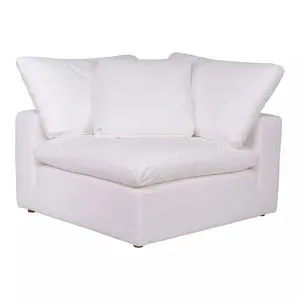 Square white corner accent chair with three large cushion backrests and a thick seat cushion
