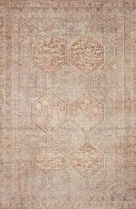 Traditional Jules Tangerine / Mist Rug with vintage-inspired geometric hexagon patterns in muted orange and blue tones