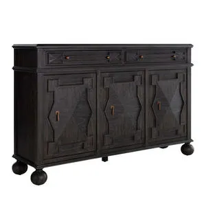 Sideboard angled front view highlighting faceted geometric door patterns and round bun feet