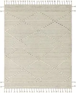 Ivory and light grey Moroccan style rug with linear and braided wool and cotton texture, finished with playful fringe