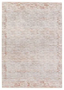 Modern rug with geometric trellis pattern in gray, cream, rust, and brown hues, featuring a subtle sheen and cream fringe