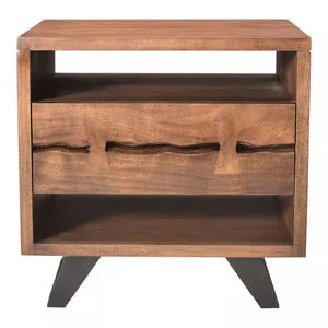 Solid brown acacia wood nightstand with angular steel legs, one drawer with rustic carved handle, and two open shelves