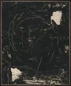 Abstract painting with black background, white textured patches, and thin scratch-like lines
