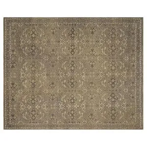 Heirloom Fog Rug with intricate fog pattern in soft gray and beige tones, rectangular shape with decorative borders