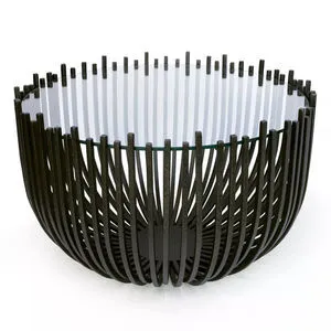 Round webbed coffee table with blackened iron sculpted frame and clear glass top
