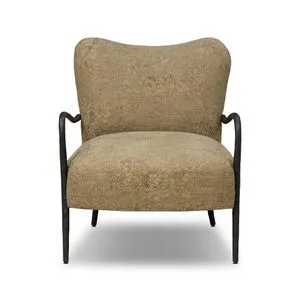 Tarah Chair with sweetheart-shaped back, brushed tan fabric upholstery, and slim hammered black metal frame