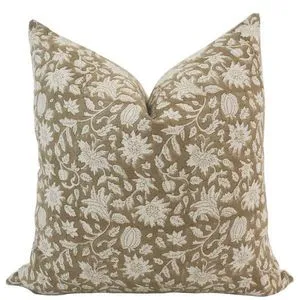 Fall Brown Block Print Pillow Cover with delicate white floral hand block print on natural brown linen fabric