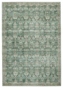 Razi Trellis rug with distressed lattice and scrolling motifs in green, ivory, and taupe tones