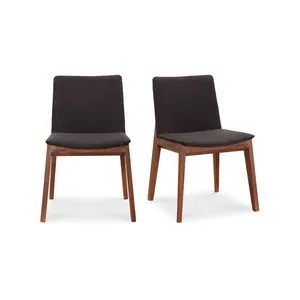Set of 2 Deco dining chairs with dark polyester upholstery and solid walnut angled legs