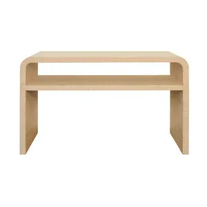 Marshall Console Table with curved edges and single lower shelf in light textured grasscloth and linen finish