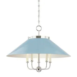 Blue bird polished nickel chandelier with five white candle lights and tapered metal shade