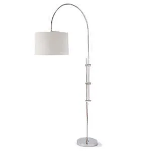 Modern arc floor lamp with adjustable chrome metal base and cylindrical white fabric shade