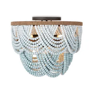Flush mount ceiling light with gradient wooden beads draped in layered loops and jute-wrapped circular frame