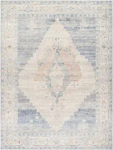Luca Denim/Ivory Machine Woven Rug with central medallion and muted geometric vintage design