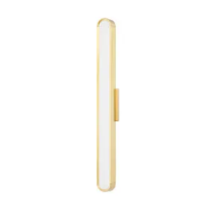 Vertical medium LED bath bracket with ribbed glass panel and brass frame with beveled edges