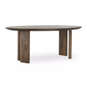 Round Norwood Mango Wood Dining Table with softened edges and deep brown finish supported by three curved wood legs