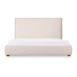 Luzon tall headboard bed in neutral linen blend upholstery with padded headboard and low-profile frame