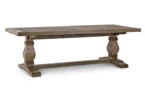 Side angle displaying full length of reclaimed pine dining table with pedestal base