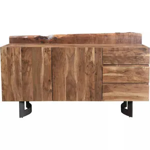 Solid acacia wood Bent Sideboard with rustic live edge detailing, two doors, and three side-mounted drawers on black metal...