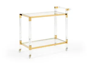 Boulevardier Bar Cart with clear acrylic frame, gold stainless steel accents, two clear glass shelves, and four caster wheels