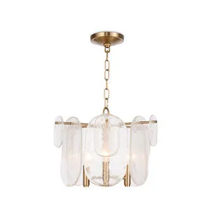 Echo Pendant with multiple striking water glass panes arranged around warm brass fixture and chain