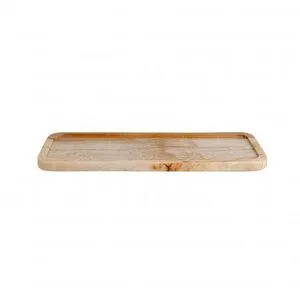 Rectangular tray made of beige and light brown marble travertine with rounded corners and raised edges