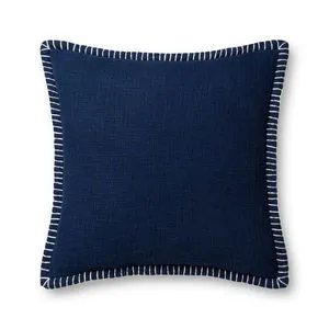 Square navy pillow with white stitched border and textured fabric