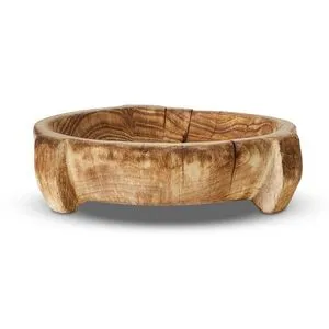 Low wide bowl with three softened block legs, hand-finished burnt reclaimed wood showing grain and texture