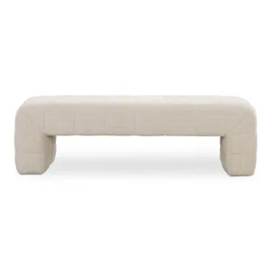 Verity bench with wide channel detailing and soft flecked textured upholstery in warm cream tones
