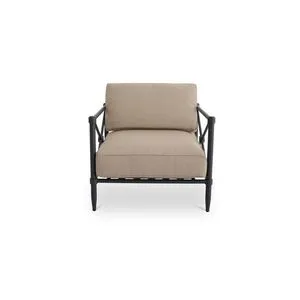 Willow Outdoor Accent Chair with beige recycled fabric cushions and black metal crisscross frame with tapered legs