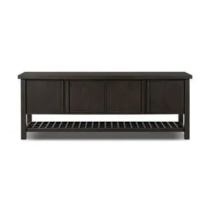Dalton Media Console in rich dark oak with panel doors and a slatted lower shelf for storage and texture