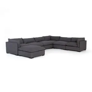 Westwood 6 Piece Sectional with Ottoman in dark gray performance fabric, low deep lounger with knife edge cushioning
