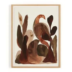 Abstract painting with earthy brown and rust tones, fluid organic shapes on white background in light wood frame