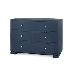 Frances extra large 6-drawer dresser in deep navy lacquered grasscloth with clean lines and square metal drawer pulls