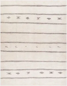 Ivory machine woven rug with black geometric Bohemian global motifs and horizontal stripes