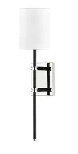 Denise 1 Light Wall Sconce with polished nickel backplate, black vertical arm, and white cylindrical fabric shade