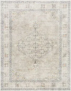 Lila Slate/Amber Machine Woven Rug with traditional medallion pattern in soft gray and beige tones