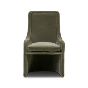 Blaire Dining Chair with high back, organic shape, fully upholstered in recycled chenille velvet in olive green