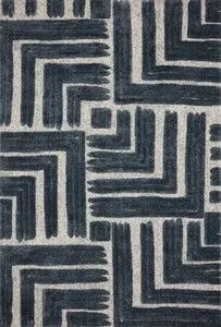 Long narrow Hagen rug with bold geometric maze pattern in dark blue and white tones