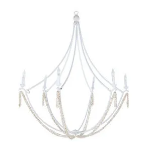 Nakita Chandelier with six candle-base lights on curved metal rods accented by natural stone bead strands