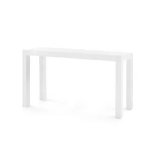 Large Parsons console table with straight legs and a smooth chiffion white grasscloth finish with subtle lacquered shine
